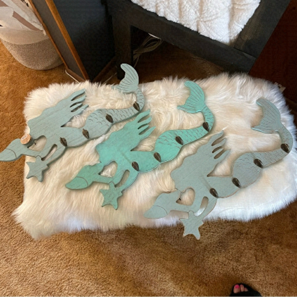 GRASSLANDS Road MERMAID WALL HOOK CROCHET MURAL - SIRENE, Teal and Blue Distress